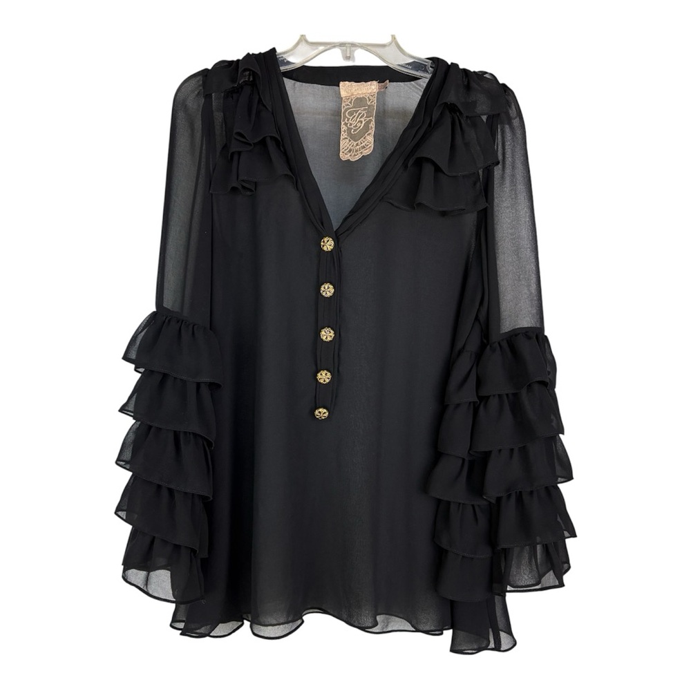 Women's Sheer Black Long Sleeve Ruffle Blouse Gold Buttons V-Neck Size Large